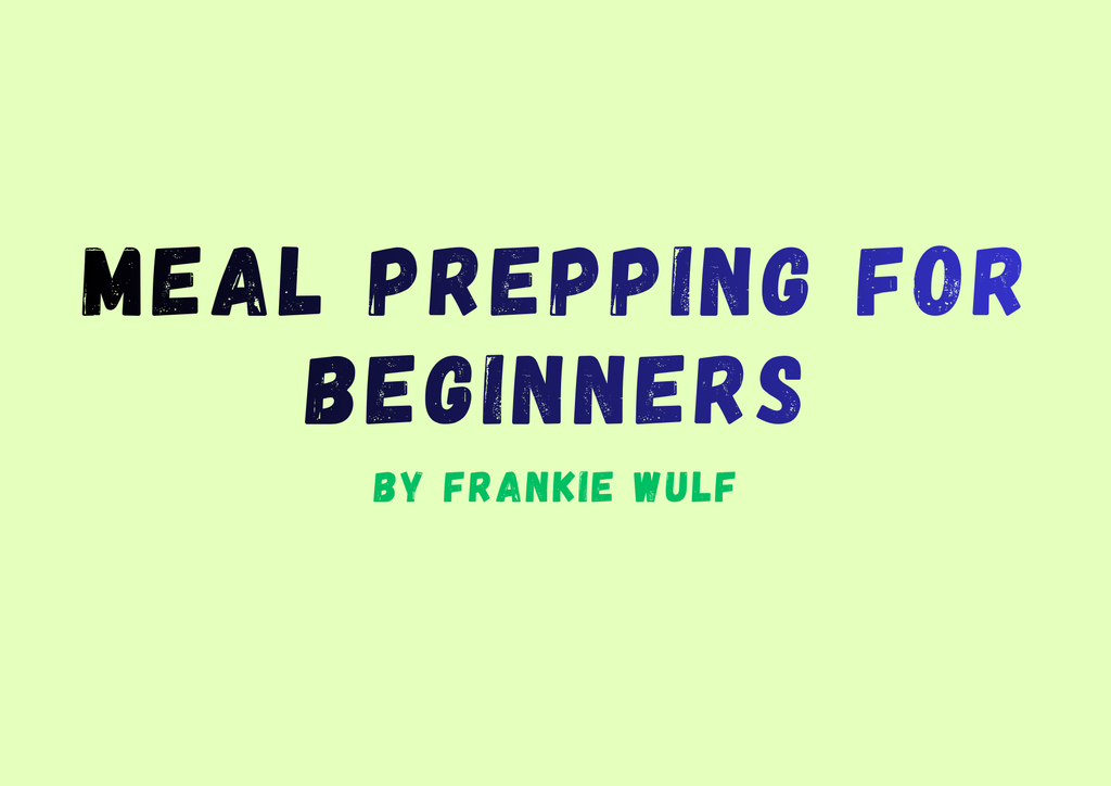 Title Card "Meal Prepping for Beginners by Frankie Wulf". Light green background dark blue gradient letters.